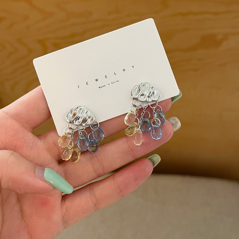 S925 silver needle beautiful water drop tassel earrings creative design cloud earrings ins style spring and summer earrings