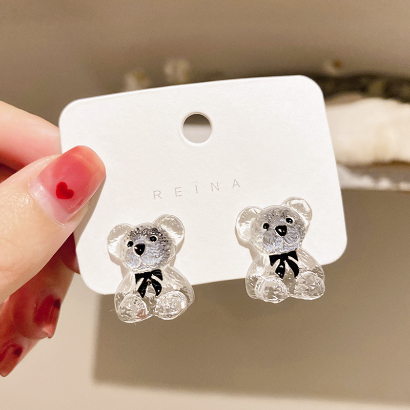925 silver needle Korean Dongdaemun earrings personalized transparent bear earrings for women cute temperament design trendy earrings