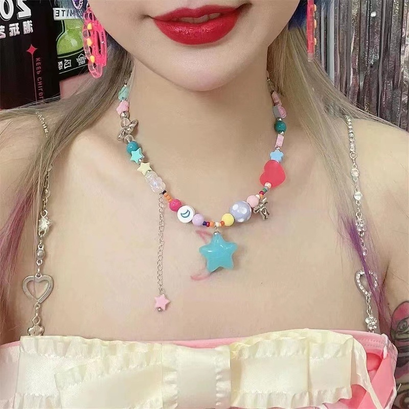 Super cute~Colorful flower love beaded necklace female cartoon sweet and fresh sweet girl summer clavicle chain