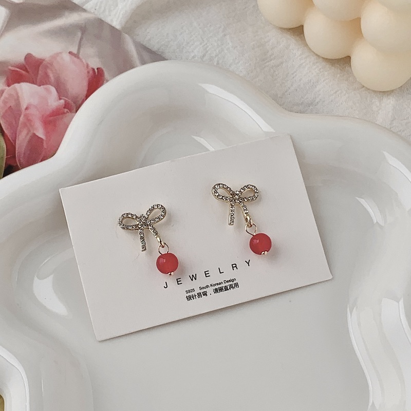 Autumn and winter new light luxury diamond bow cherry earrings trendy women niche design versatile temperament earrings earrings