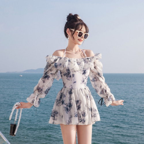 2024 New Fairy Swimsuit Women's One-piece Boxer-angle Conservative Slim Belly Covering Long Sleeve Korean Style Hot Spring Student Swimsuit