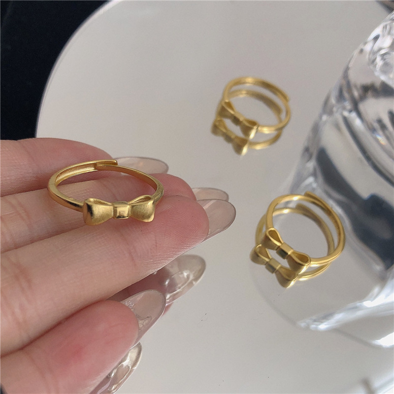 Simple and sweet bow ring~Matt gold high-end daily adjustable ring for women spring new trend