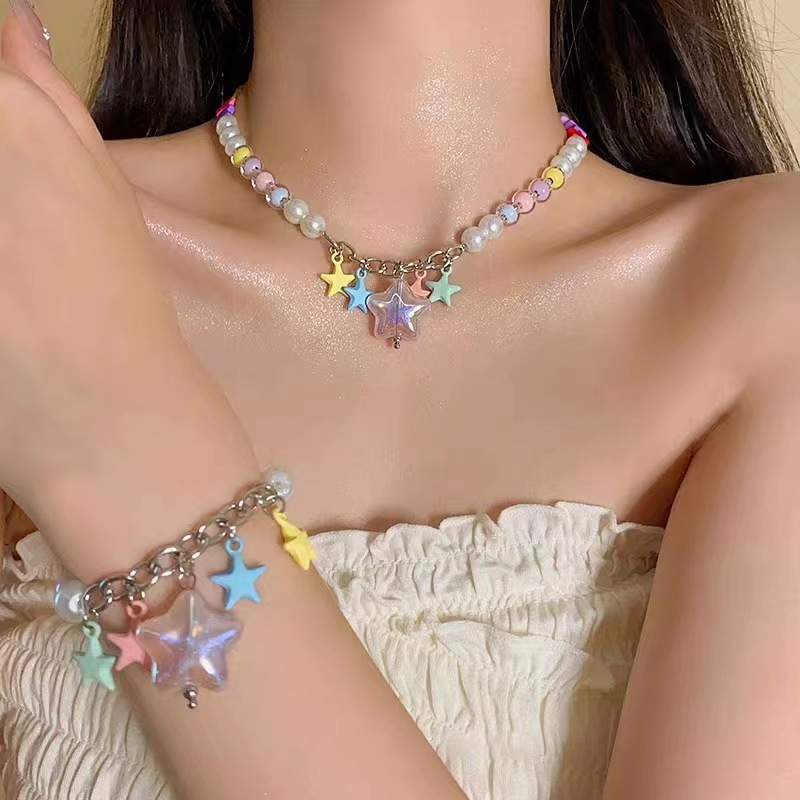 Dopamine colorful beaded five-pointed star pendant necklace female personality versatile temperament clavicle chain sweet cool style bracelet