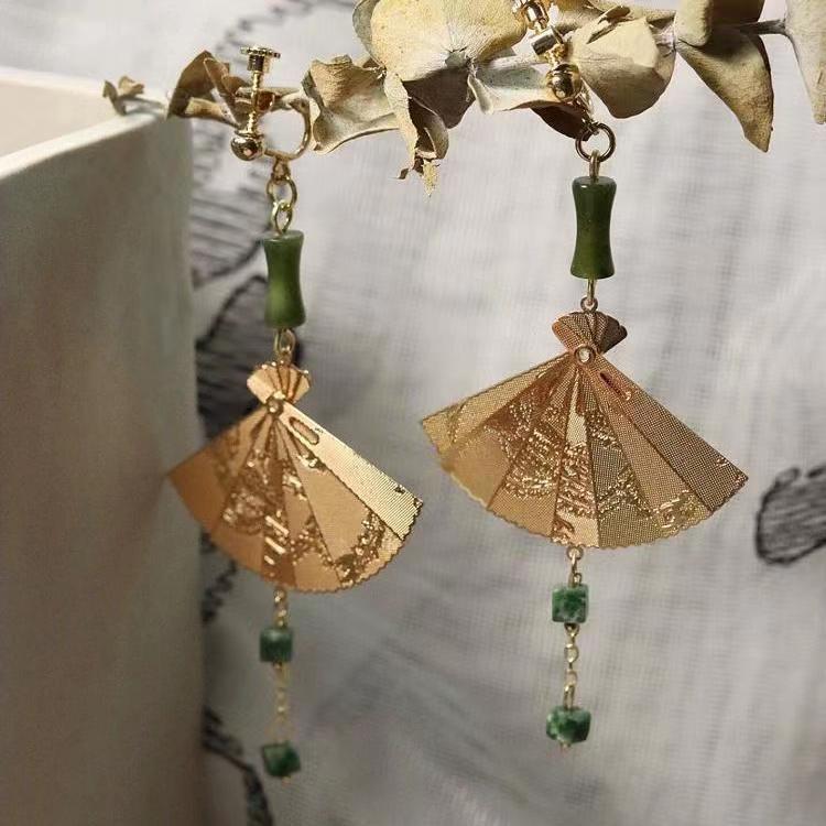 New Chinese style handmade foldable ancient fan earrings for women, new Chinese style long tassel ear clips, earrings, earrings