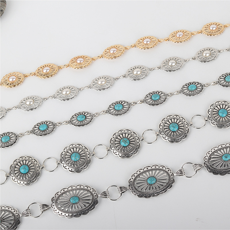 New turquoise retro carved belt waist chain personalized waist metal chain fashionable matching dress