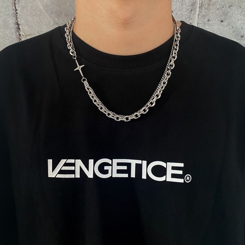 Simple cross double-layer chain splicing necklace men's ins cold style hip-hop personalized clavicle chain jewelry