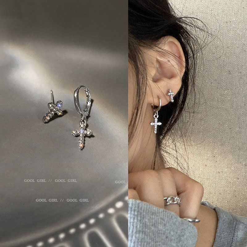 925 silver needle asymmetrical diamond cross earrings Japanese and Korean style Internet celebrity temperament earrings cold style fashionable earrings