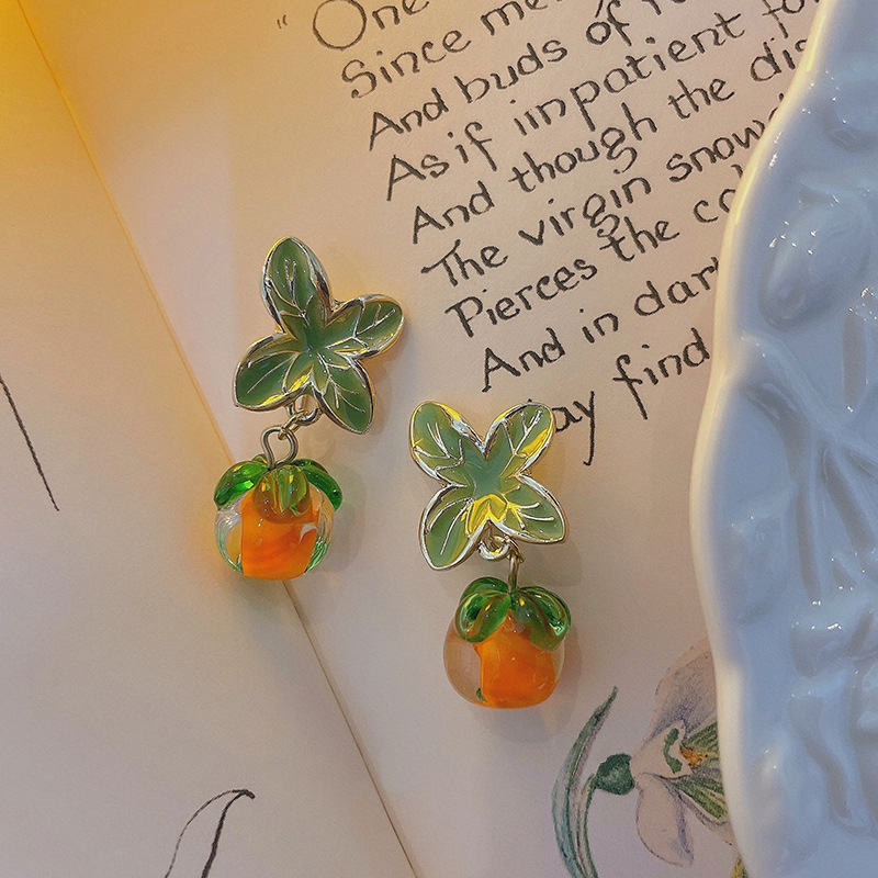 Persimmon Ruyi glass persimmon retro temperament Internet celebrity orange earrings cute and sweet Chinese style earrings and earrings trendy
