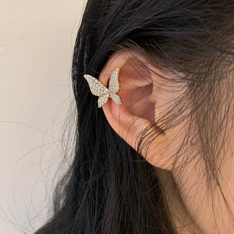 Butterfly ear clip for women without pierced ears, cold style, cool sparkling diamond ear bone clip, summer French style new year earrings