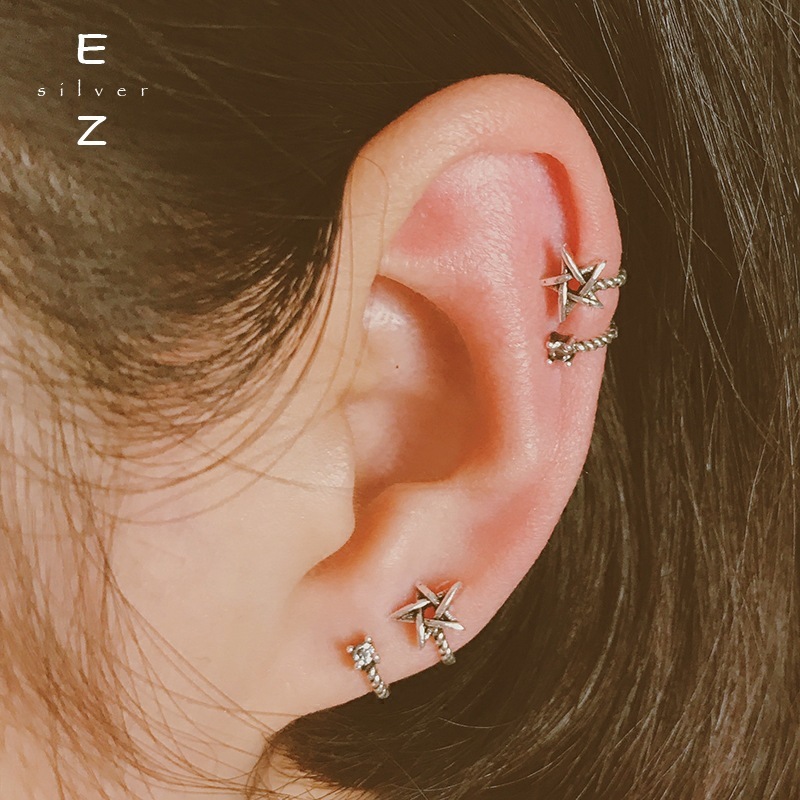Retro five-pointed star ear clip Korean version S925 silver small fresh ear bone clip ear buckle without piercing for student girls
