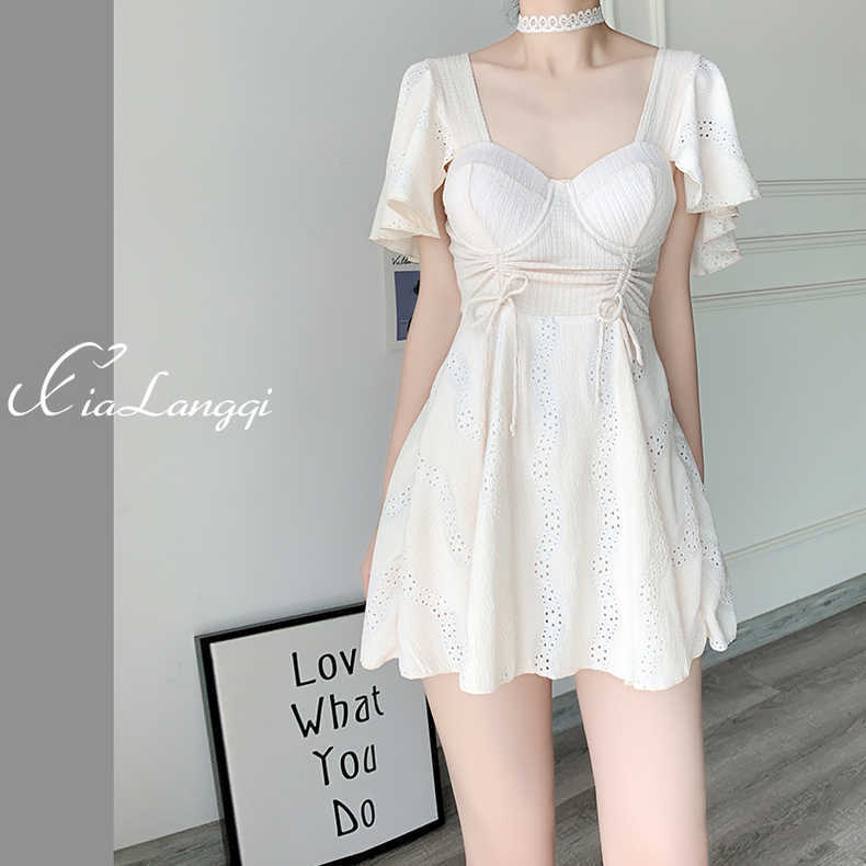 Swimsuit solid color Korean style simple hot spring swimsuit for women conservative slimming cover belly dress style resort swimsuit for women