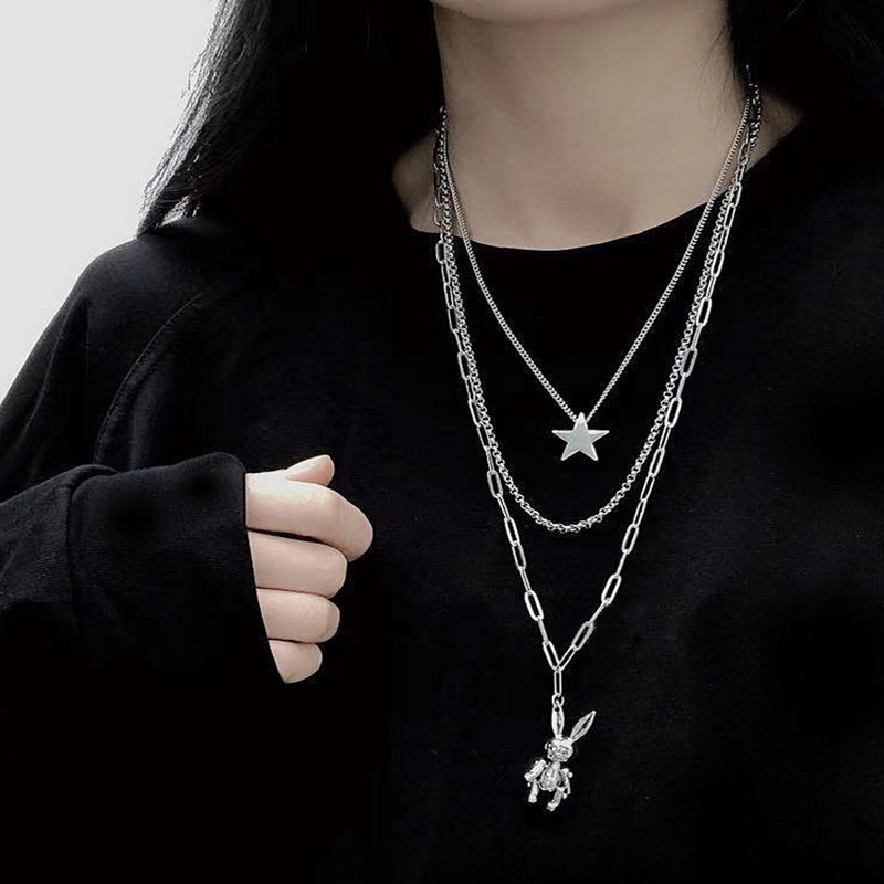 Net celebrity's same style Harajuku retro hip-hop ins cold style multi-layer necklace female rabbit pendant cool disco accessories