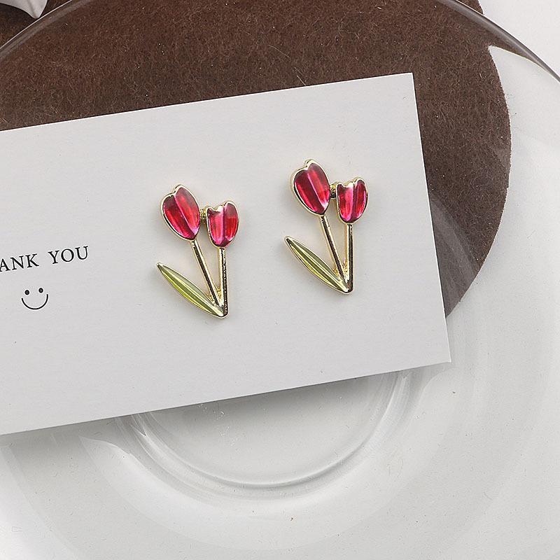 s925 French elegant red tulip oil drop earrings for women new forest style versatile girly heart flower earrings