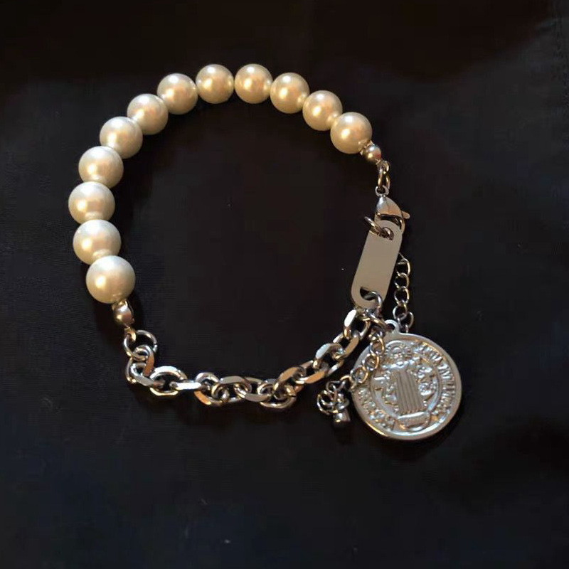 New ins Internet celebrity cold style Showa style round brand pearl bracelet for men, trendy festival, simple niche design bracelet for women