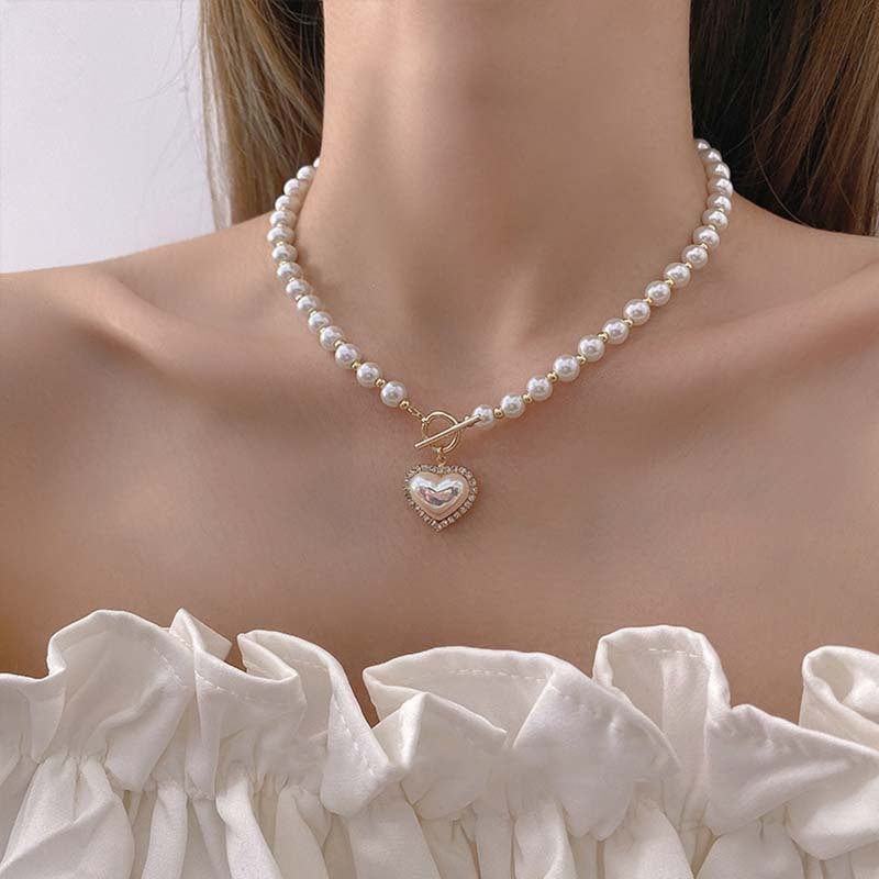 Japanese and Korean ins new super fairy temperament imitation pearl love necklace cold style sweet simple OT buckle clavicle chain for women