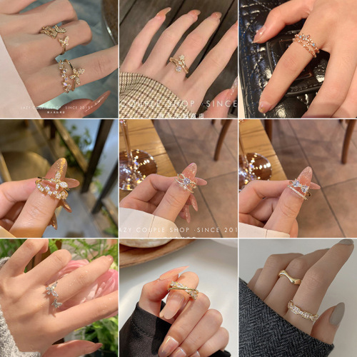 Micro-paved zircon ring ins trendy Japanese and Korean niche internet celebrity light luxury simple cold style open index finger ring tail ring for women
