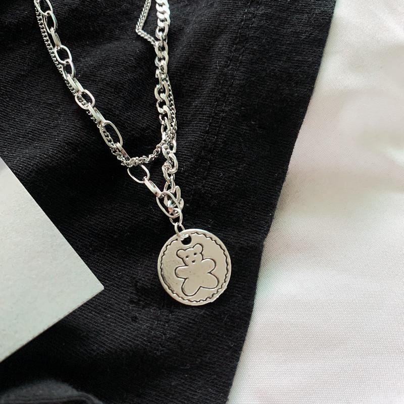 Double layered bear hip hop cold style ins necklace simple personality versatile accessories for men and women couples