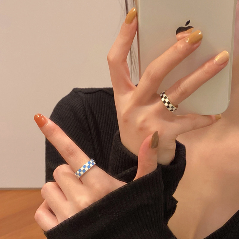 Klein blue checkerboard lattice drip glaze ring women's niche design open ring adjustable ring year