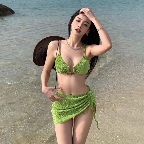 Green velvet bikini three-piece European and American ins style white sexy split swimsuit Sanya vacation hot springs
