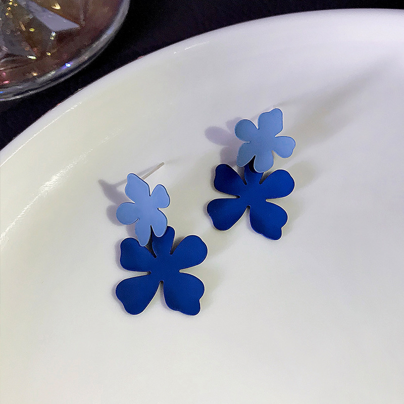s925 silver needle blue ripple stitching flower earrings female super fairy exaggerated contrast earrings earrings summer earrings