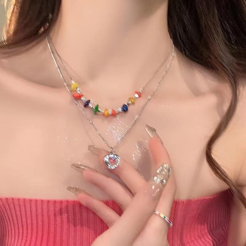 Colorful stone double-layered love pendant necklace for women in summer Japanese and Korean new clavicle chain niche design accessories