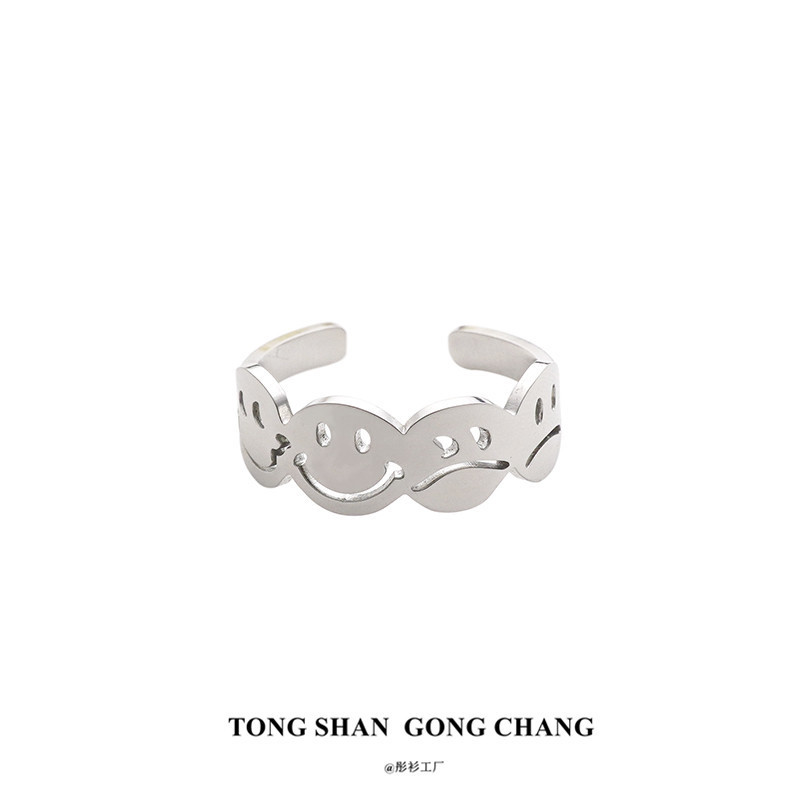 New trendy smiley face ring, personalized and versatile, ins simple style opening, adjustable titanium steel emoticon bag ring for men and women
