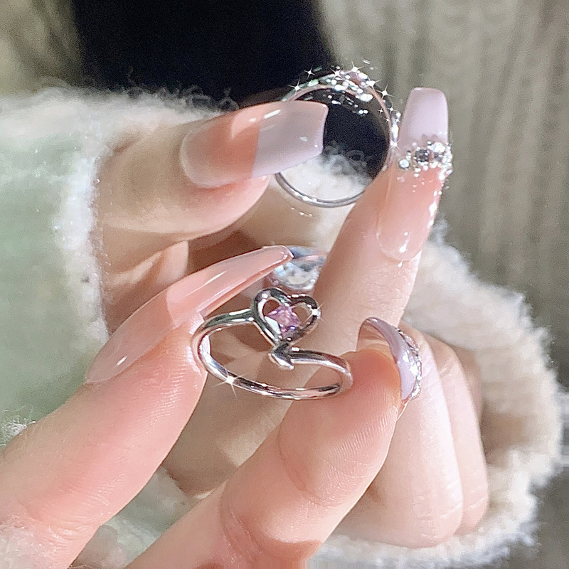 Xiaohongshu's same style diamond love ring for women, new niche design, girl's heart adjustable index finger ring