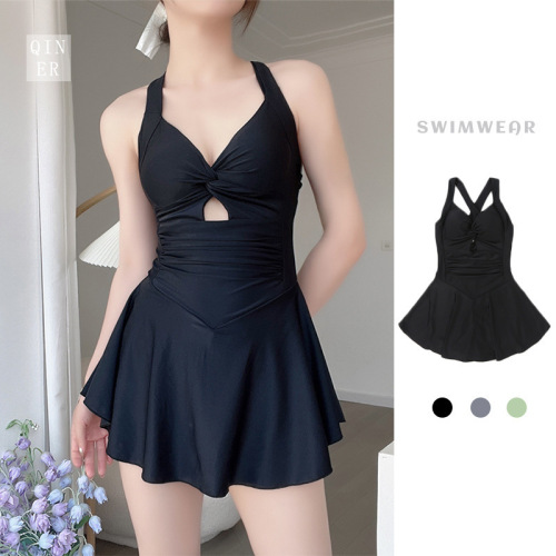 Swimsuit women's one-piece suspender solid color small fresh sexy backless slim slimming hot spring swimsuit professional swimsuit