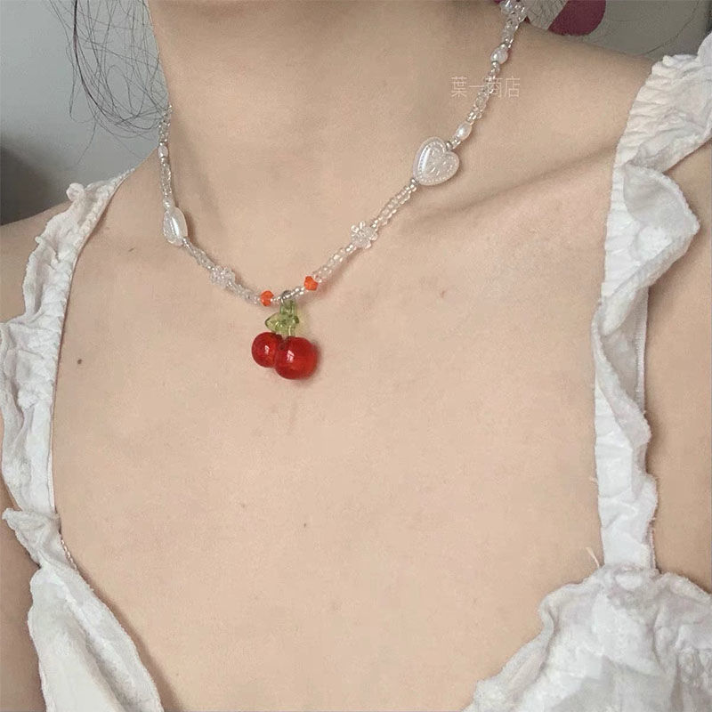 French retro pearl necklace summer cherry pendant personality ins style simple temperament clavicle chain love new year