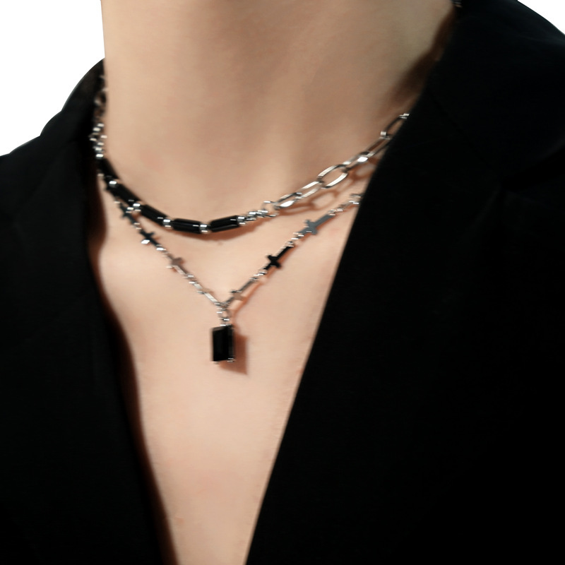 Summer neutral niche design high-end black gemstone double-layer zircon necklace clavicle chain accessories for women