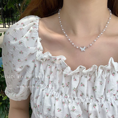 New year's new crystal pearl butterfly necklace women's summer niche design simple temperament choker clavicle chain