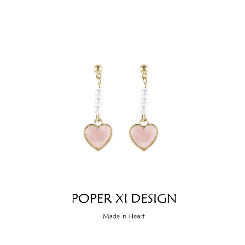 Summer pearl pink love earrings niche versatile high-end 925 silver earrings for women without pierced ears ear clips