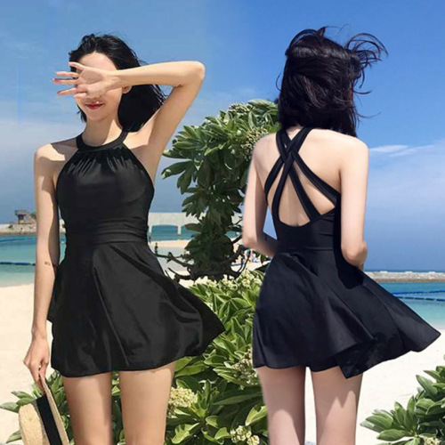 Swimsuit for women, one-piece solid color hot spring swimsuit, fashionable little black skirt, slim, sexy, beautiful back, slim professional swimsuit wholesale