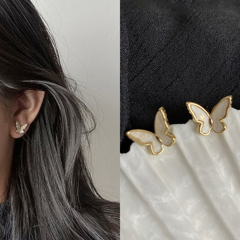 S925 Silver Needle Butterfly Wing Retro Earrings Mini Korean Imitation Shell Pearl Temperament Simple Forest Earrings for Women