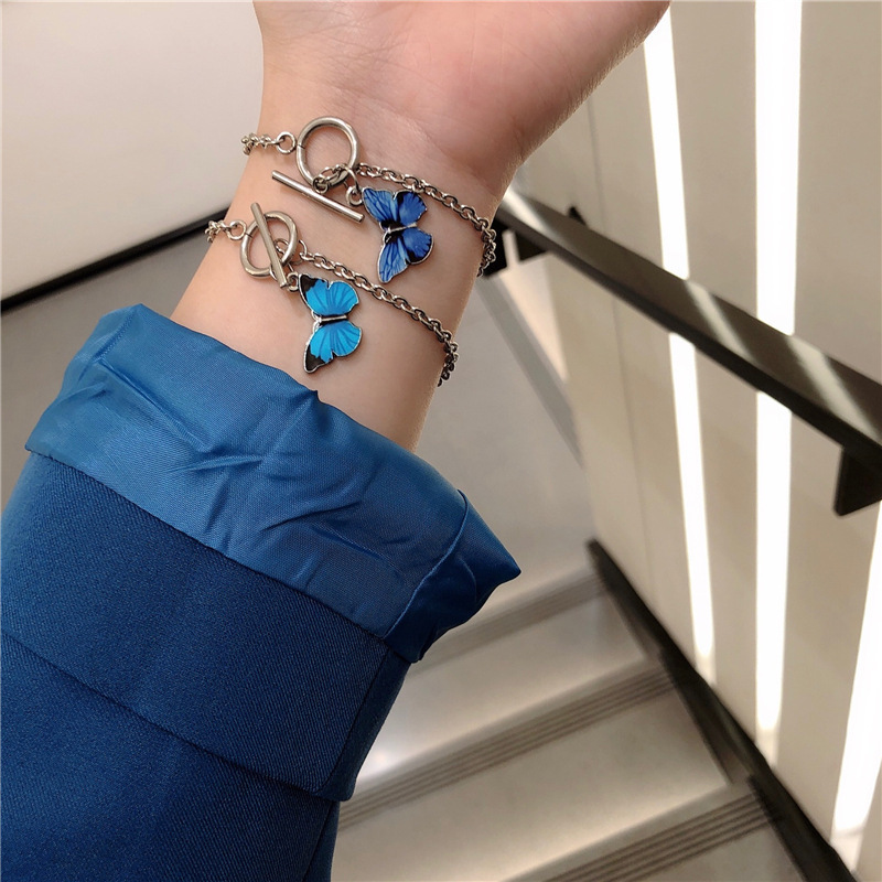 Compact design Korean blue butterfly one-word buckle bracelet ins Chaoxian couple best friend bracelet bracelet for girls