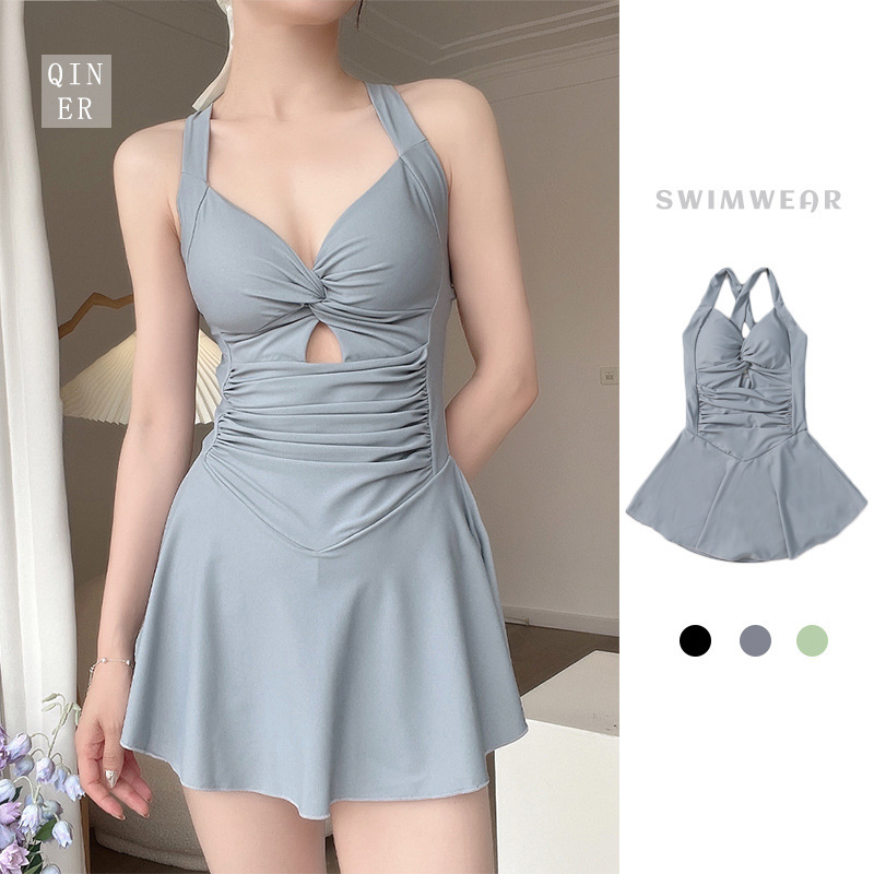 Women's Swimsuit One-piece Suspender Solid Color Pure Desire Internet Celebrity Style Slim Slim Sexy Backless Swimsuit