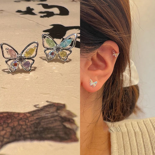 Summer new atmosphere bright butterfly earrings ear studs sweet pink and blue small butterfly phantom style niche temperament