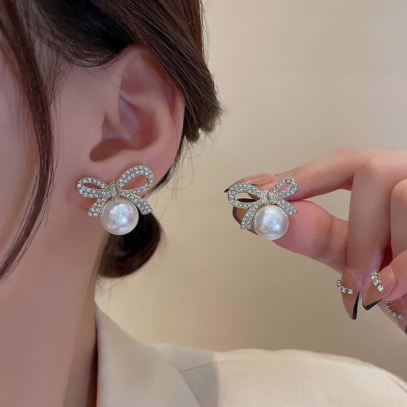 S925 South Korea Dongdaemun Diamond Bow Pearl Earrings Women's Light Luxury Versatile Temperament Sweet Earrings Stud Earrings