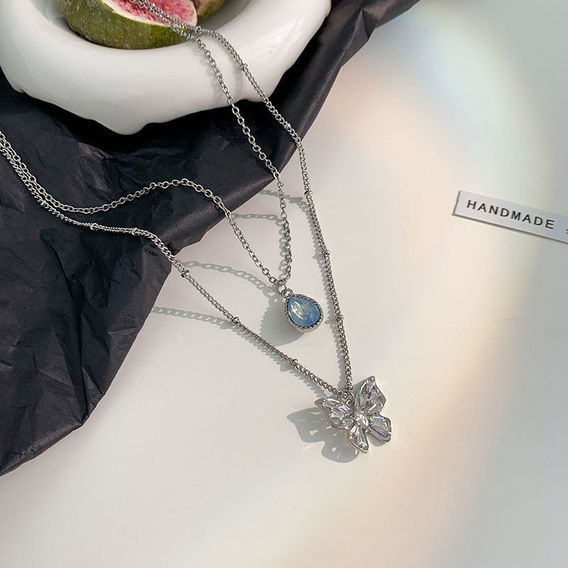 Retro niche blue water drop butterfly zircon temperament simple fairy spirit versatile fashionable design clavicle chain