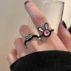 Cartoon funny black little black cat open ring female personality niche ins cute design couple bestie ring