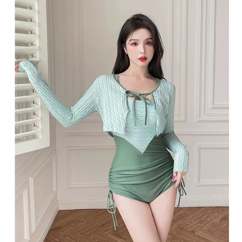 2024 Fairy Swimsuit Women's One-piece Boxer Two-piece Conservative Slim Belly Covering Long-Sleeved Blouse Student Hot Spring Swimwear