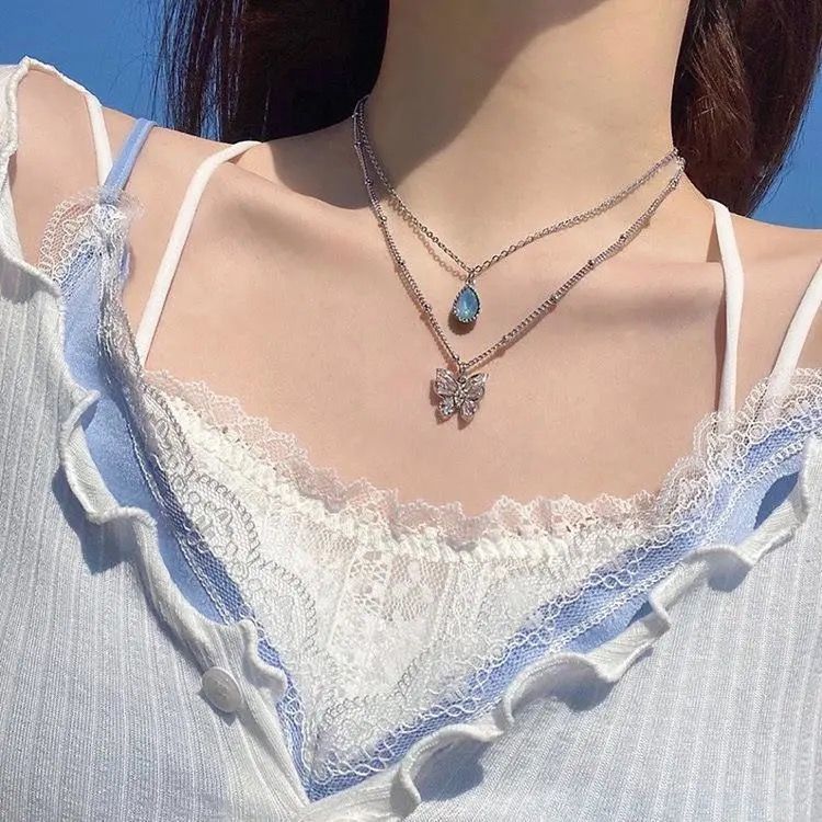 Super fairy group style~Korean version of water droplet full of diamond butterfly necklace for women ins fashion versatile clavicle chain necklace for women