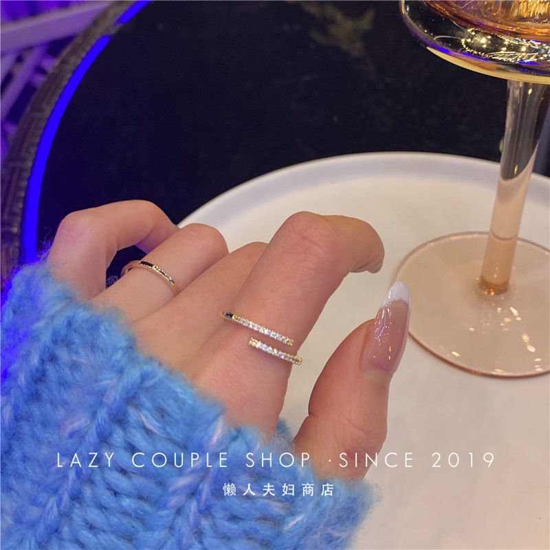 Super shiny light luxury full diamond open ring female trendy ins niche design cold style index finger adjustable internet celebrity ring