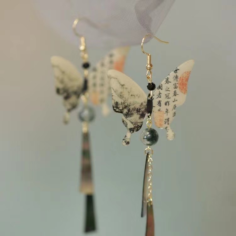 New Chinese style calligraphy butterfly earrings, feminine and versatile, retro cool feeling earrings, antique style long tassel earrings