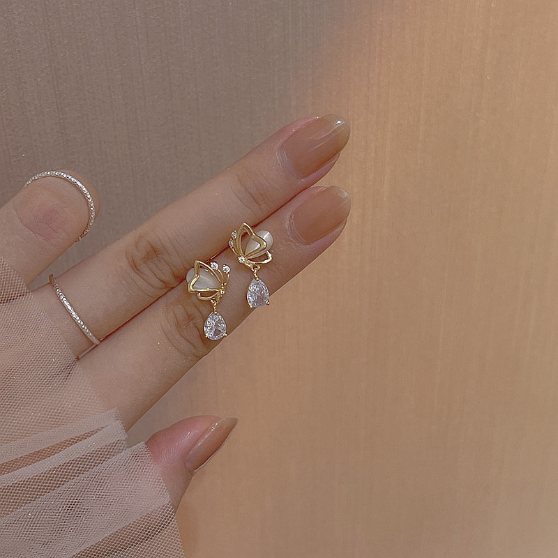 Cat's eye butterfly love water drop zircon s925 silver needle earrings women's niche design high-end temperament earrings summer