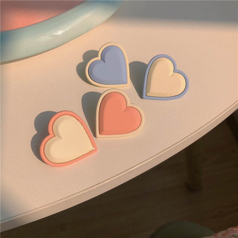 Blue + pink peach heart earrings ~ contrasting cream earrings, sweet girly trendy earrings wholesale