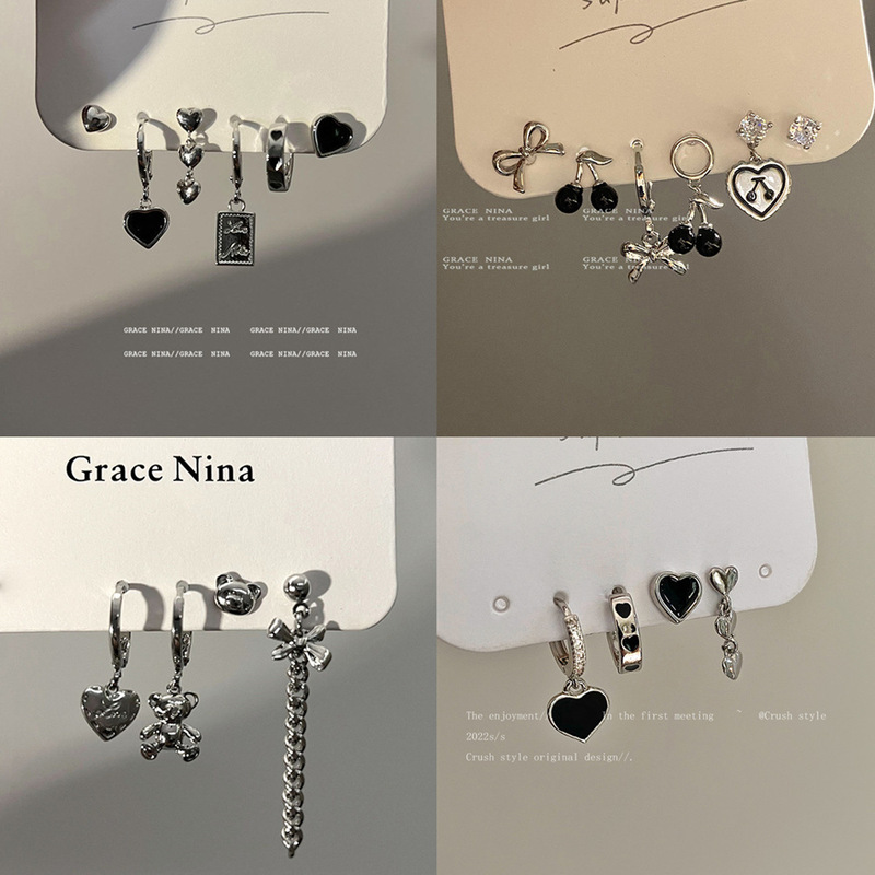 Korean version of dark and cold style love earrings and earrings six-piece set ins style sweet and cool hot girl trendy temperament earrings