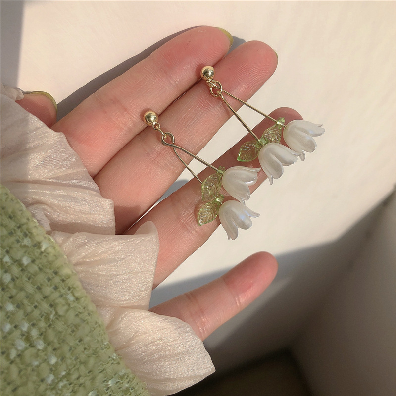925 silver needle wind chime leaf earrings green summer new high-end small earrings tassel flower simple earrings