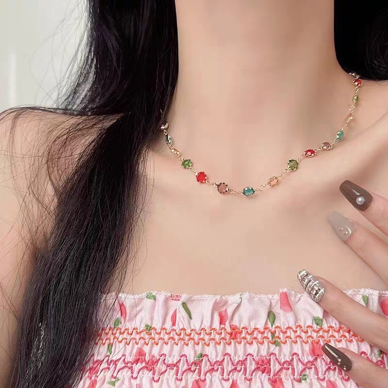 Small fresh and sweet candy color zircon necklace for women Japanese and Korean new style gentle temperament clavicle chain internet celebrity necklace