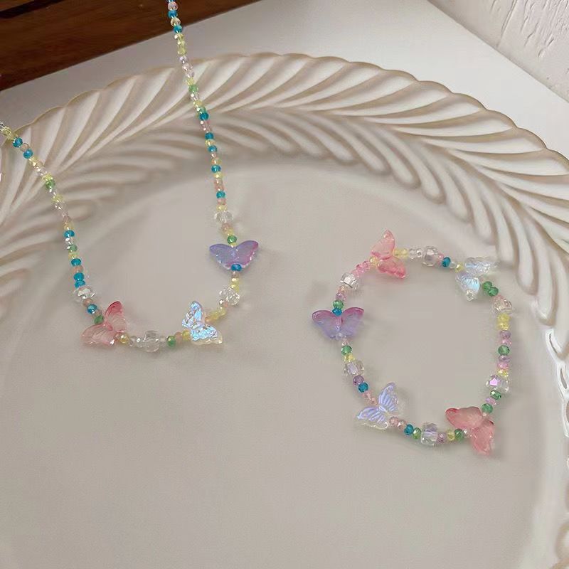 Small fresh summer sweet colorful butterfly necklace for women Korean ins simple and versatile dreamy crystal beaded bracelet